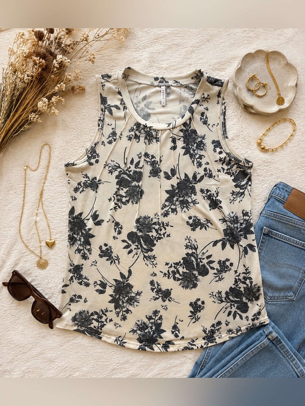 Syosss Floral Print Tank Top Cream Black Gray Size M
